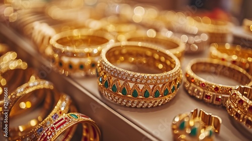 Display with jewellery in gold souk in Dubai, golden bangles jewelry shiny displayed backgrounds.