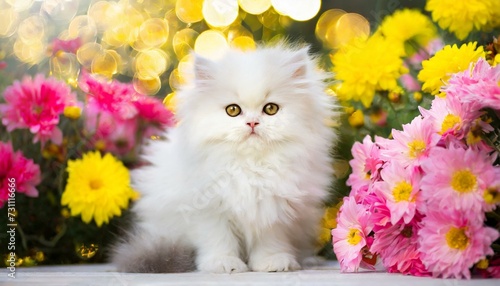 white persian cat in flowers