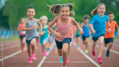 Happy diverse group of athletic children running on tracks with energy, Concept of sport, fitness, achievements, studying, competition.