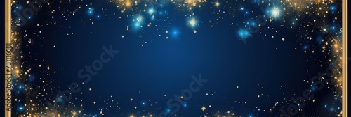 sapphire blue golden blank frame background with confetti glitter and sparkles