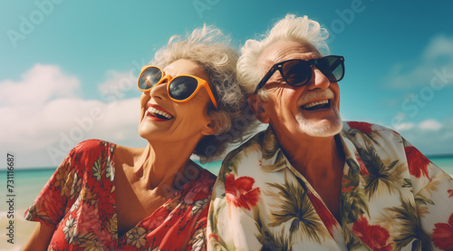 Un couple senior, amoureux, avec des lunettes de soleil, sur une plage sous un beau ciel bleu d'été.
