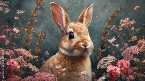 a painting of a rabbit sitting in a field of flowers with a blue sky in the background and pink flowers in the foreground. photo