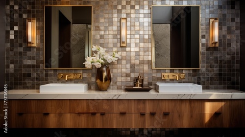 Gorgeous bathroom with floating wood vanity, gold fixtures, mosaic wall, and rectangular mirrors.