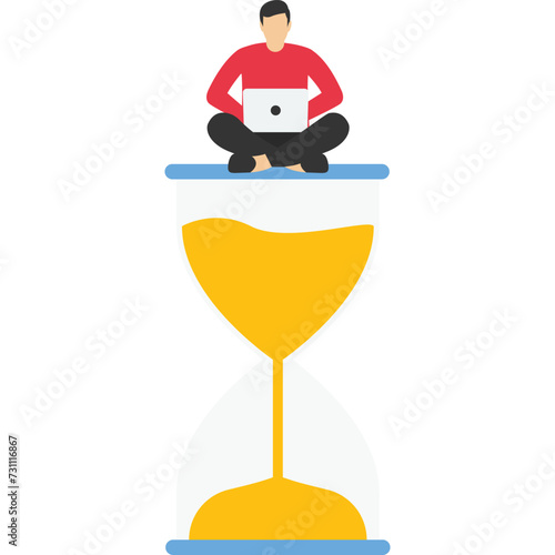 concepts of time management, discipline, completing tasks, waiting for business, two people with hourglass standing patiently watching time pass. Flat design vector illustration on white background