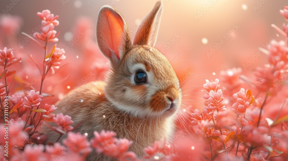 a close up of a rabbit in a field of flowers with the sun shining through the clouds in the background. a close up of a rabbit in a field of flowers with the sun shining through the clouds in the background.