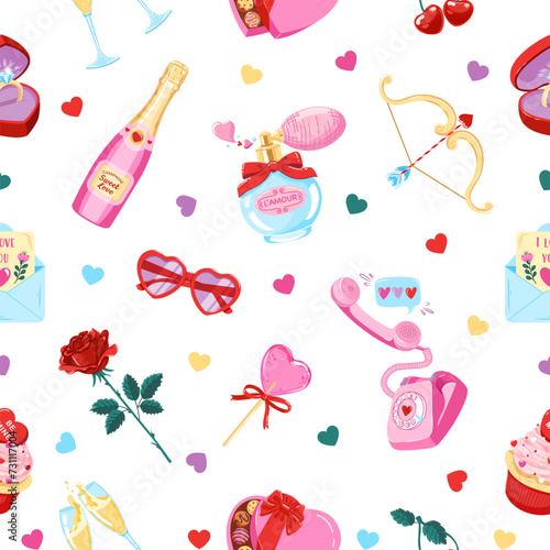 Cute seamless pattern with Valentine's Day items on a white background. Handmade vector illustration