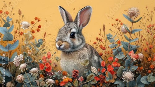 a painting of a rabbit sitting in the middle of a field of wildflowers with a yellow wall in the background. photo
