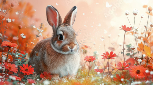 a rabbit is sitting in the middle of a field of daisies and daisies with a pink sky in the background. photo