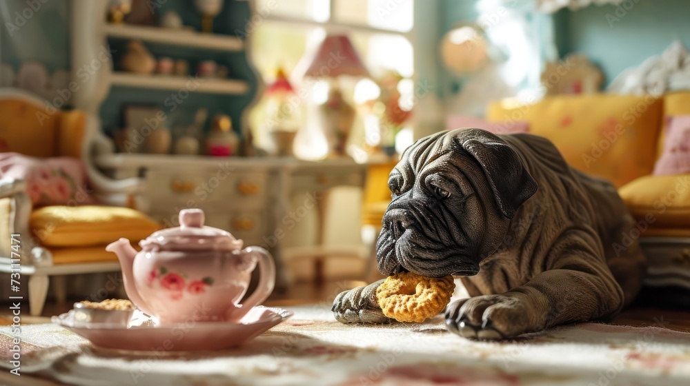 toy portrayal of a Mastiff indulging in a biscuit, capturing the massive size and gentle nature, arranged on a dollhouse-inspired pet-friendly living room setting
