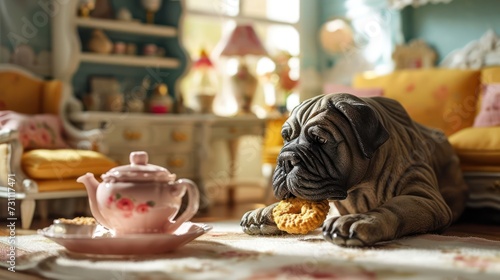 toy portrayal of a Mastiff indulging in a biscuit, capturing the massive size and gentle nature, arranged on a dollhouse-inspired pet-friendly living room setting