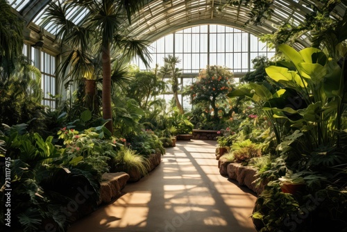 Serene indoor garden with tropical plants and glass architecture © Photocreo Bednarek