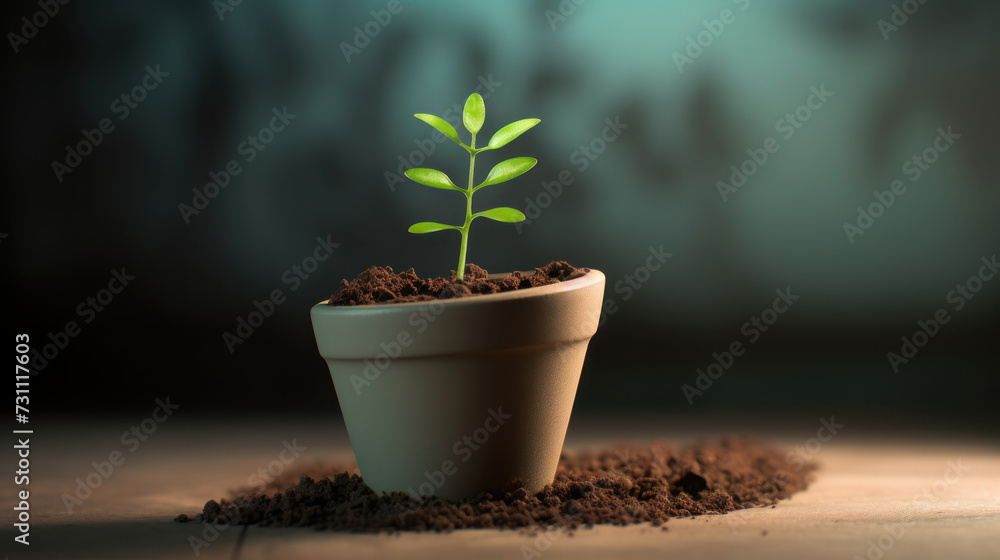 Young plant in pot on wooden surface with dark background Young plant in pot on wooden surface with dark background