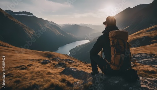 Man solo traveling backpacker hiking in scandinavian mountains active healthy lifestyle adventure