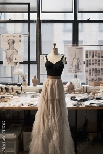 Mannequin in design studio surrounded by fashion sketches and tools