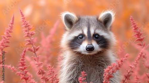 a close up of a raccoon in a field of flowers with a blurry background of red flowers.