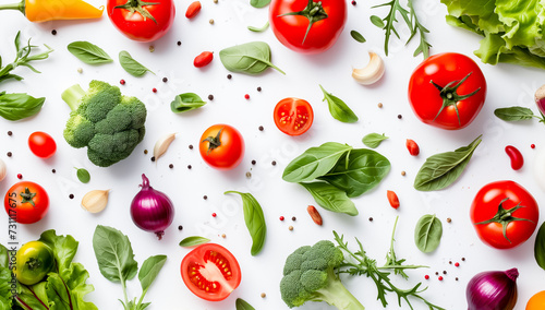 An assortment of fresh vegetables and herbs is meticulously arranged on a white background. Bell peppers, tomatoes, onions, cucumber, broccoli, basil leaves, and lemon slices create a vibran