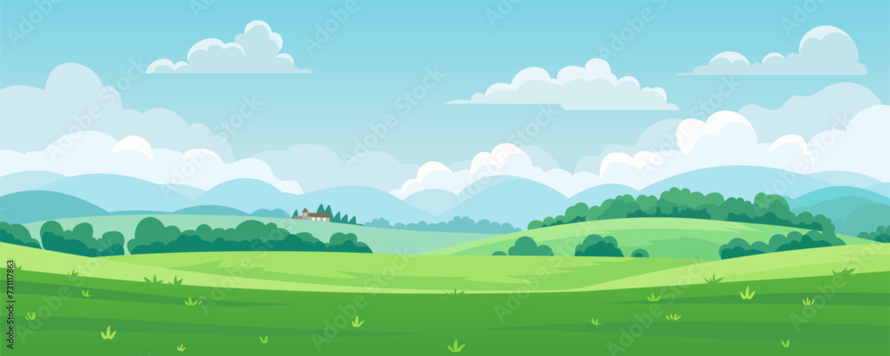 Beautiful rural landscape with meadows and fields, trees and hills, houses against a background of blue sky and white clouds. Pasture grass for cows. Vector illustration of summer fields. Beautiful rural landscape with meadows and fields, trees and hills, houses against a background of blue sky and white clouds. Pasture grass for cows. Vector illustration of summer fields.