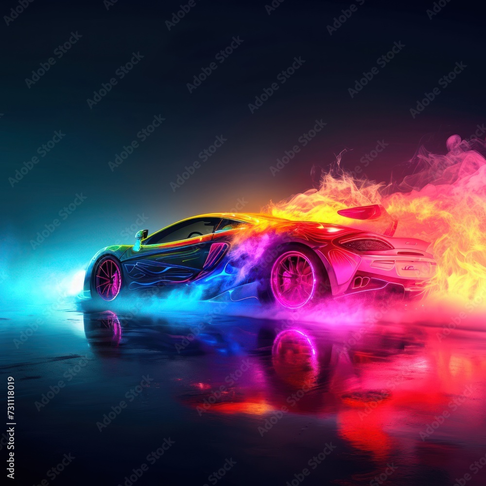 Metallic sports car with colorful colorful texture drifting emitting colorful exhaust fumes on dark background, great for automotive, repair shop, advertising, web etc. Generative Ai