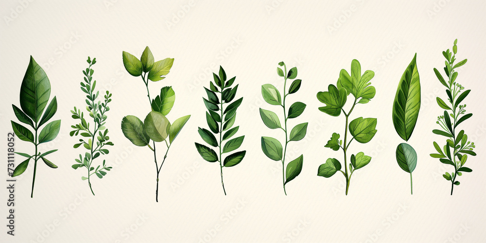A detailed botanical illustration of a variety of green leaves, each with its unique shape and texture, arranged in a harmonious composition on a matte paper background. - obrazy, fototapety, plakaty 