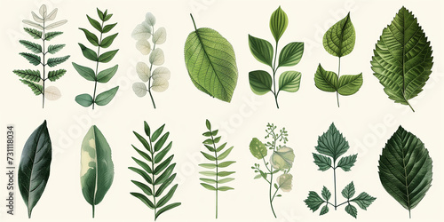 A detailed botanical illustration of a variety of green leaves, each with its unique shape and texture, arranged in a harmonious composition on a matte paper background. photo