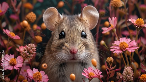 a close up of a mouse in a field of flowers with pink flowers in the foreground and a background of orange and pink flowers in the foreground. photo