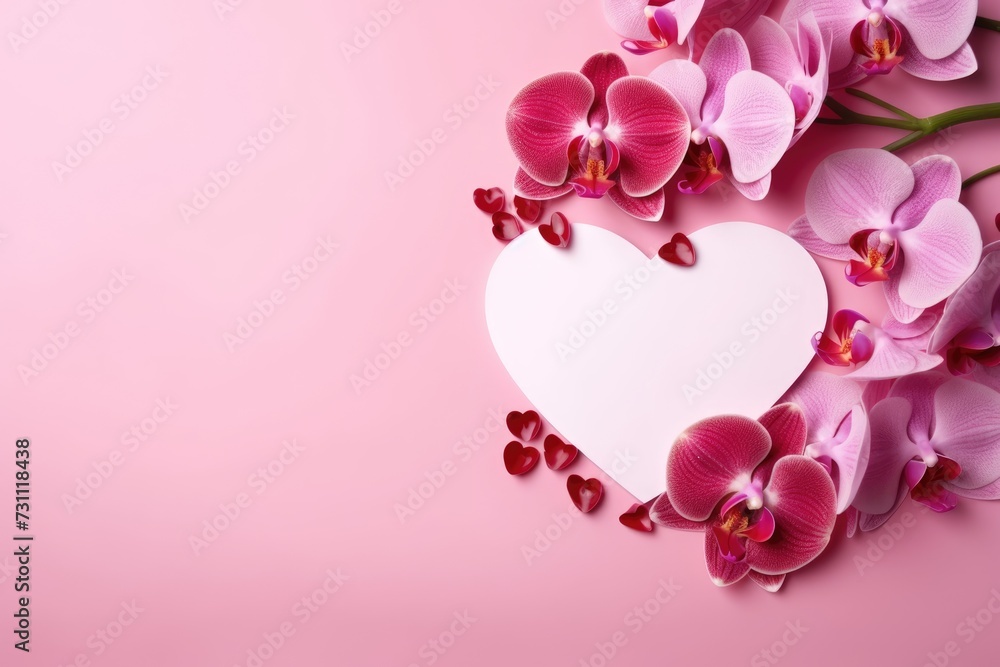 Gift card with lovely orchids and heart. Place for text. Valentine's day, Mother's day, Women's Day and love concept
