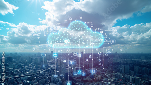 cloud computing, with floating digital icons and data streams connecting devices in a networked sky above a cityscape.