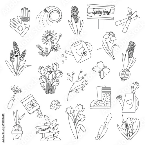 Gardening elements illustration - black and white vector elements hand drawn on a white background. Flat isolated gardening design elements. Spring set for gardening and floriculture.