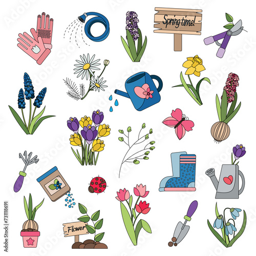 Gardening elements illustration - color vector elements with outline on a white background. Flat isolated gardening design elements. Spring set for gardening and floriculture.