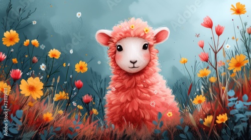 a painting of a red sheep sitting in a field of yellow and red flowers with a blue sky in the background. photo