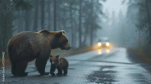 Bear and small cub crossing forest asphalt road with car headlights. Driving carefully concept. Human and Animal concept.