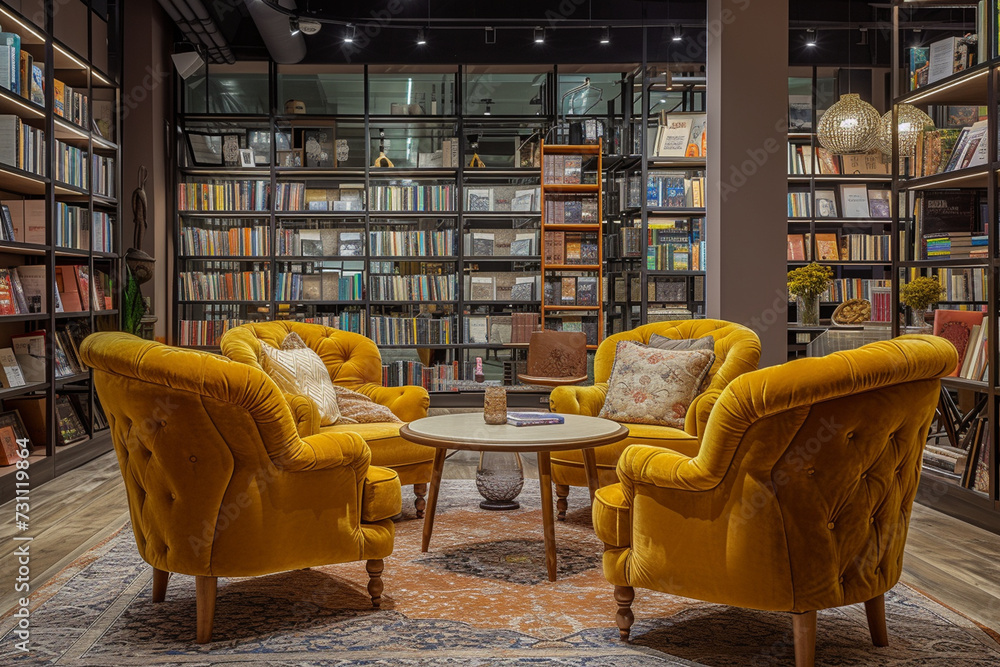 conceptual photo of a book store's chic reading lounge, where customers can relax in comfortable seating surrounded by stylish decor and literary inspiration