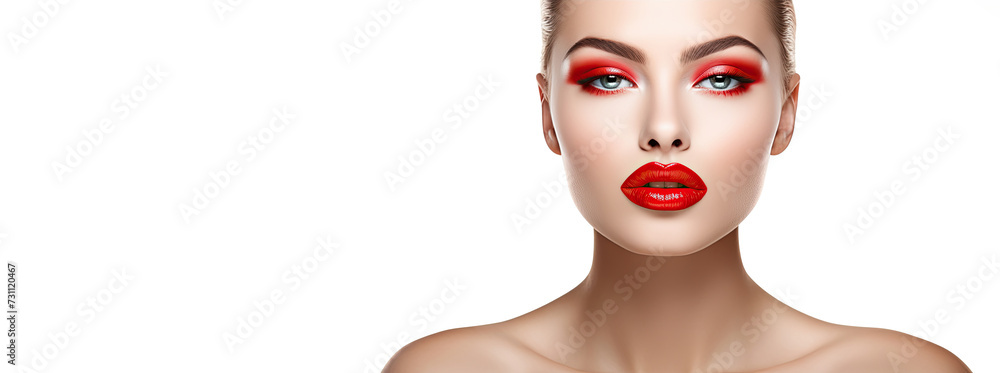 Portrait of a woman with bright red makeup on a white background. Lipstick banner mockup with empty space for product placement or promotional text.