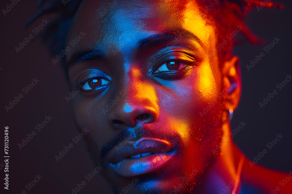 The retro wave or synth wave portrait of a young happy serious african man at studio. High Fashion male model in colorful bright neon lights posing on black background. Art design concept The retro wave or synth wave portrait of a young happy serious african man at studio. High Fashion male model in colorful bright neon lights posing on black background. Art design concept