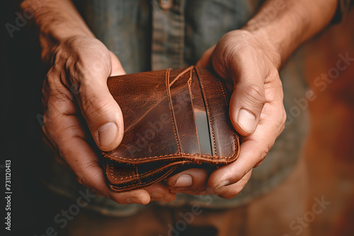 Poor man bankrupt with no credit in debt hand hold empty black leather wallet because economy down turn Empty wallet (no money) in the hands of an man