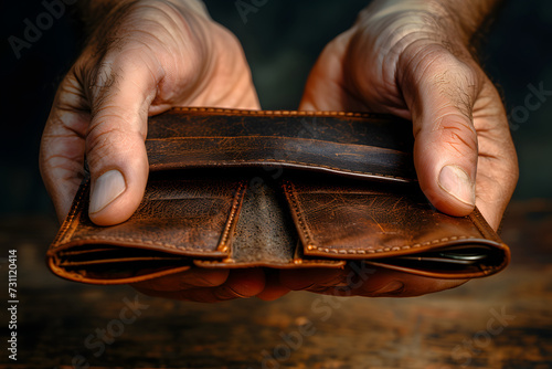 Poor man bankrupt with no credit in debt hand hold empty black leather wallet because economy down turn Empty wallet (no money) in the hands of an man