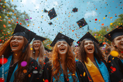 Group of cheerful student throwing graduation hats in the air celebrating, education concept with students celebrate success with hats and certificates photo