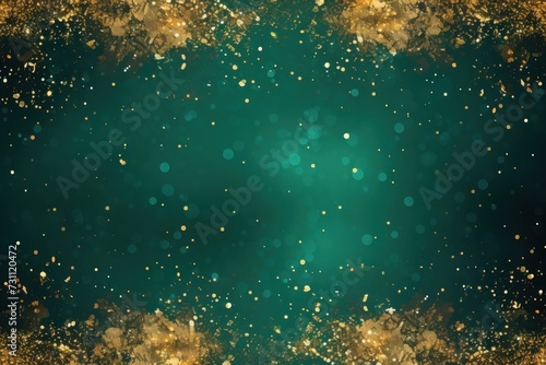turquoise blue golden blank frame background with confetti glitter and sparkles