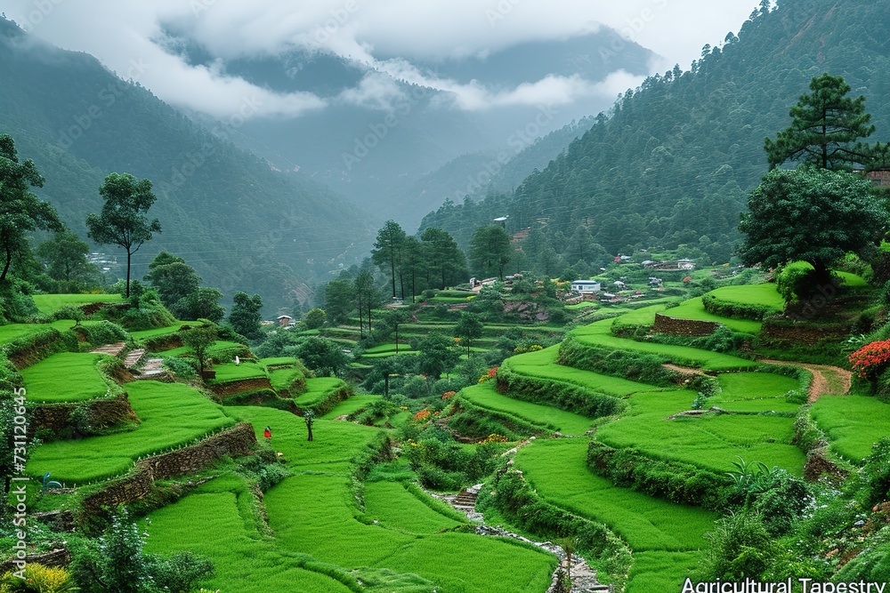 Agricultural Tapestry A scenic view of terraced fields in the hilly regions of Rural India, showcasing agricultural diversity Agricultural Tapestry A scenic view of terraced fields in the hilly regions of Rural India, showcasing agricultural diversity