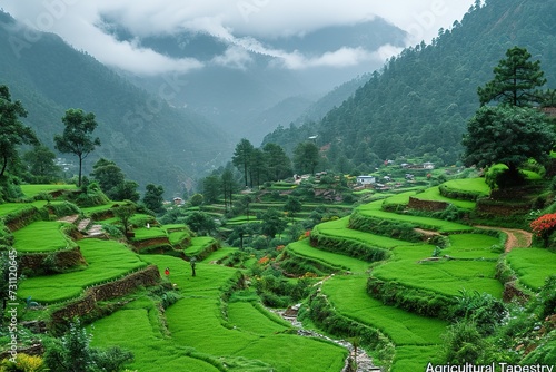 Agricultural Tapestry A scenic view of terraced fields in the hilly regions of Rural India, showcasing agricultural diversity