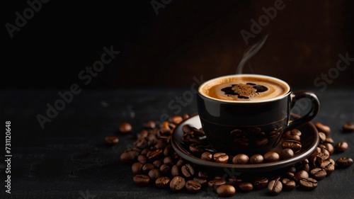 creative photo of a cup of coffee and coffee beans on a dark background, space for text, banner