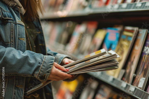 close-up shot of a patron perusing a selection of stylish magazines and periodicals in the library's periodical section, highlighting the diversity of literary offerings available