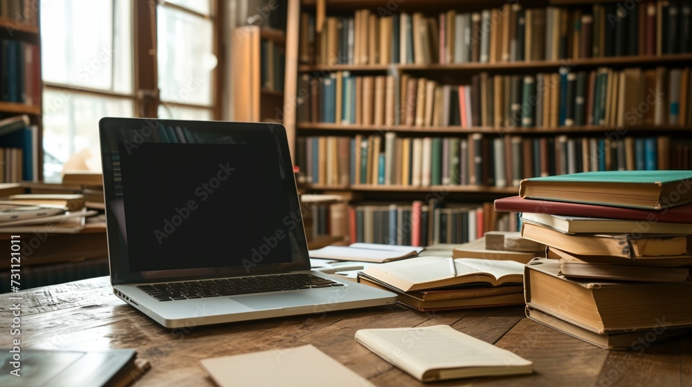 a laptop computer sitting on top of a wooden desk a laptop computer sitting on top of a wooden desk