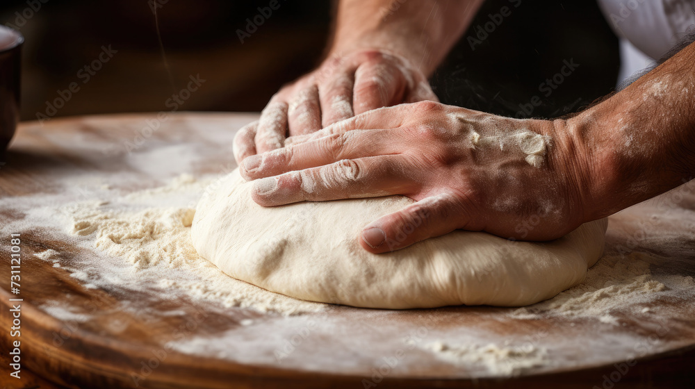 Close-up of a baker's hands kneading dough on a wooden board.