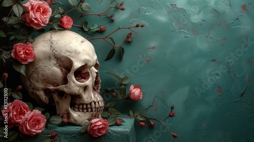 a painting of a skull and roses on a blue background with a green wall and a blue wall behind it. photo