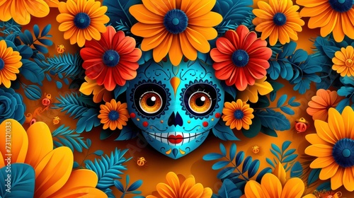 a blue and orange sugar skull surrounded by orange and yellow flowers on an orange background with blue and orange flowers.