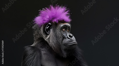 a gorilla with a purple mohawk