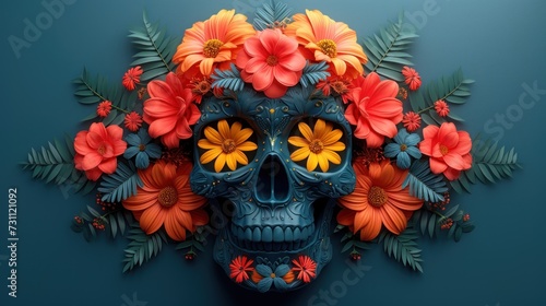 a blue skull with orange and red flowers on it's head, surrounded by leaves and flowers, on a blue background.