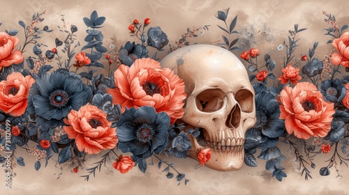 a painting of a skull surrounded by red and blue flowers on a beige background with a border of blue and red flowers. photo