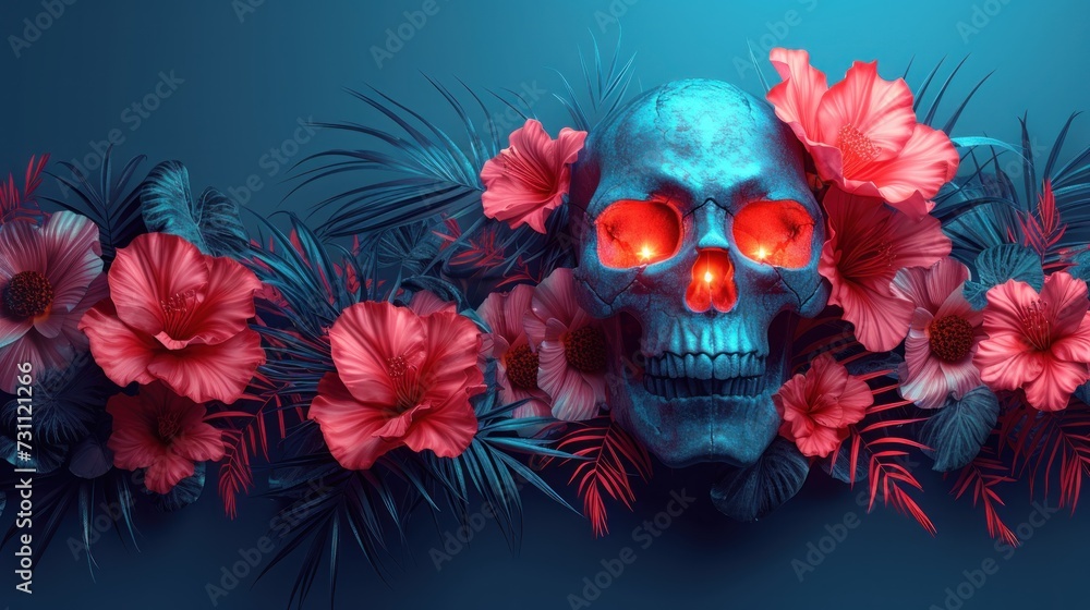 a blue skull with red eyes surrounded by pink and red flowers and palm fronds on a blue background.